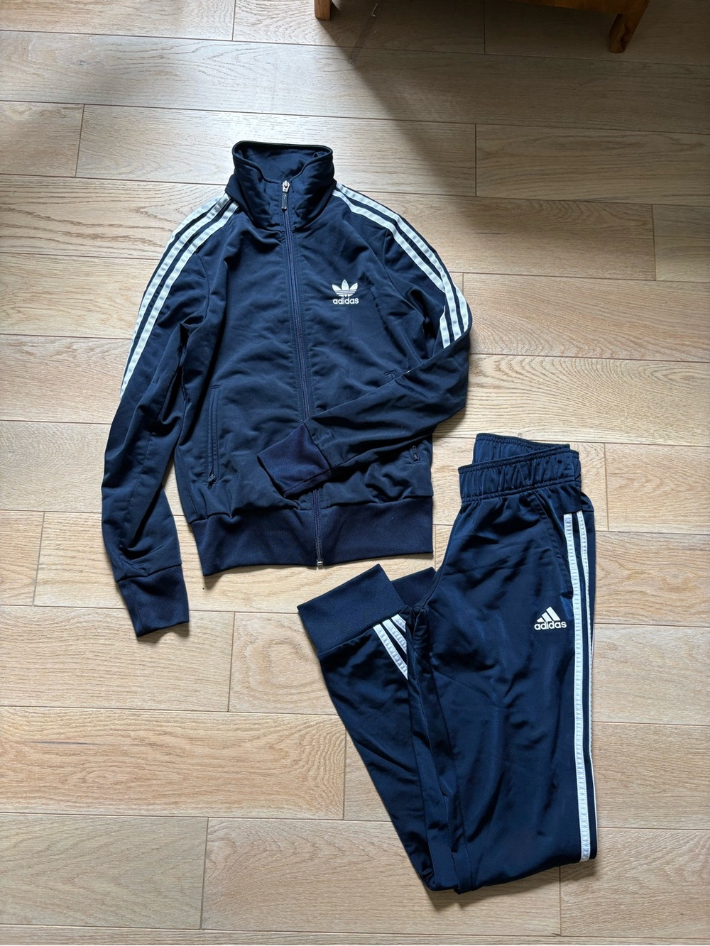 adidas Navy Blue woman’s Track Jacket & Pants with White Stripes XS
